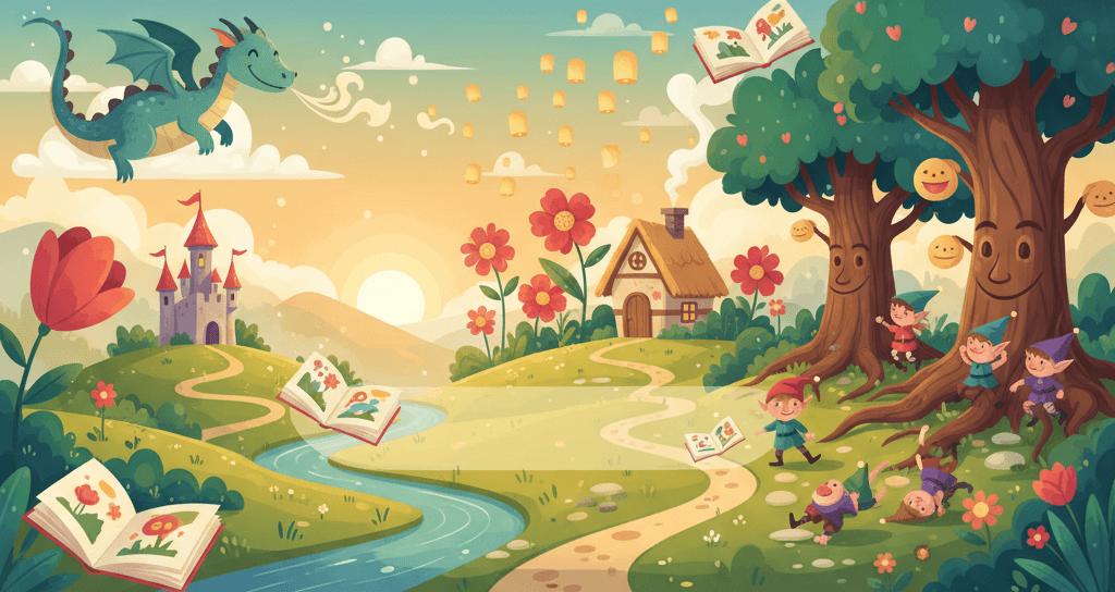 Colorful fairytale world with princesses, dragons and forest creatures